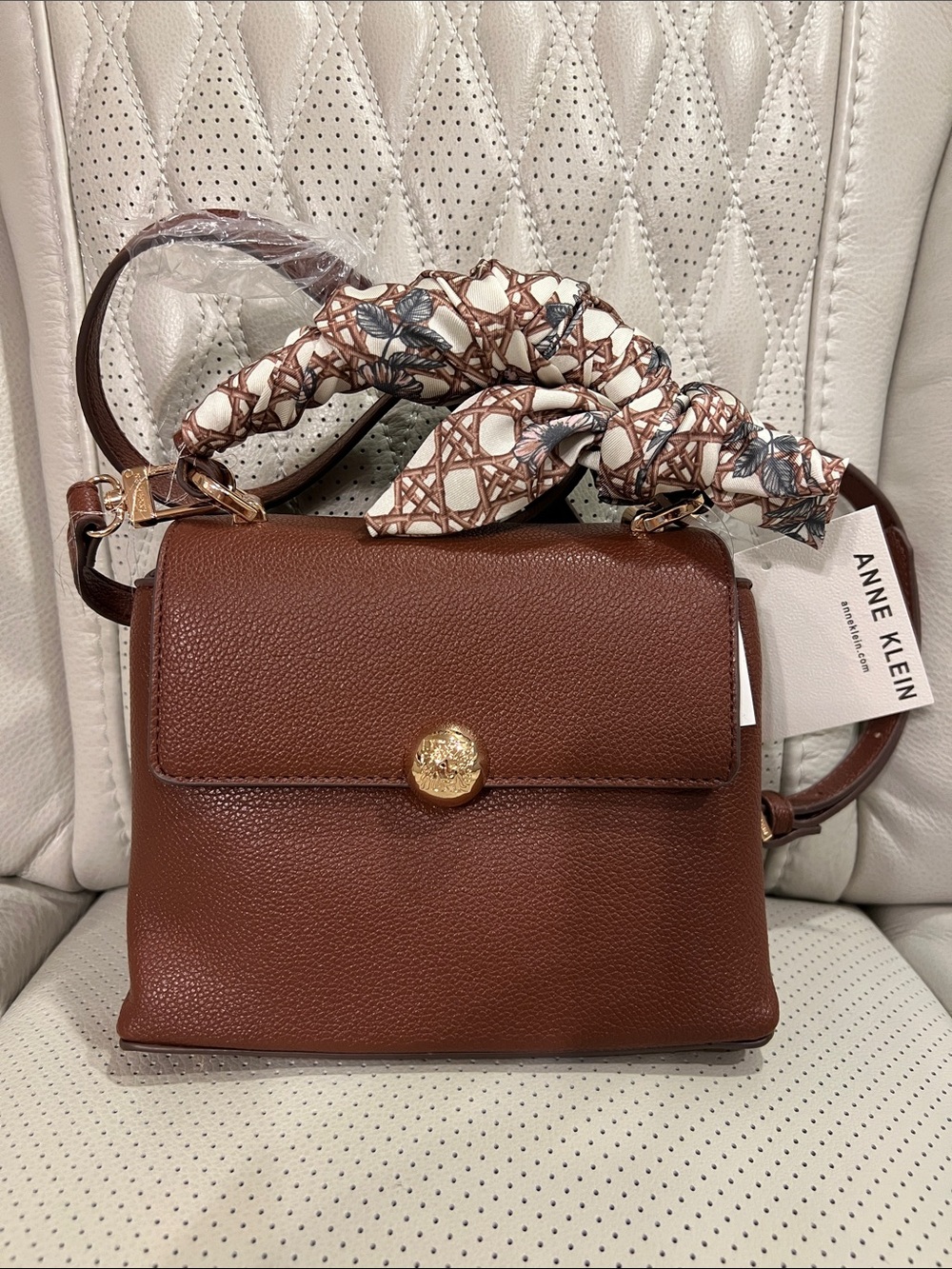 Anne Klein Brown Leather Top-Handle Satchel with Patterned Scarf Wrap